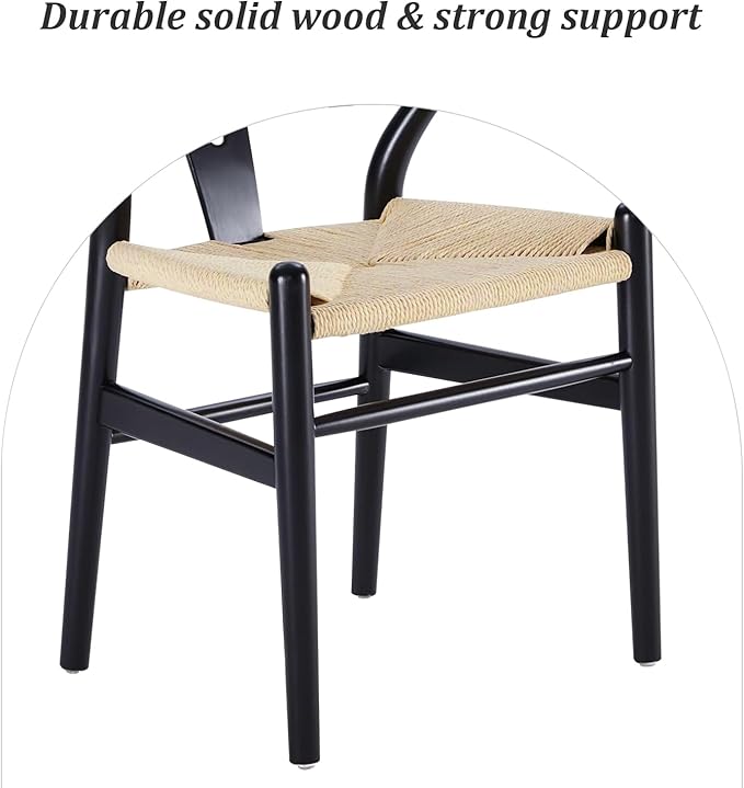 Wishbone Chair Natural Solid Wood Dining Chair/Hans Wegner Y Chair Rattan and Wood Accent Armrest Chairs Set of 2 (Ash Wood - Black + Natural Cord)