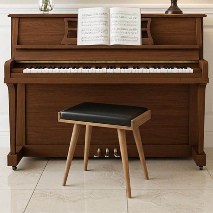 Walnut Ottoman Stool for Living Room | Upholstered in Faux Black Leather Fabric | Versatile as a Piano Bench | Ideal Bedroom Bench | Functional Footstool Bench