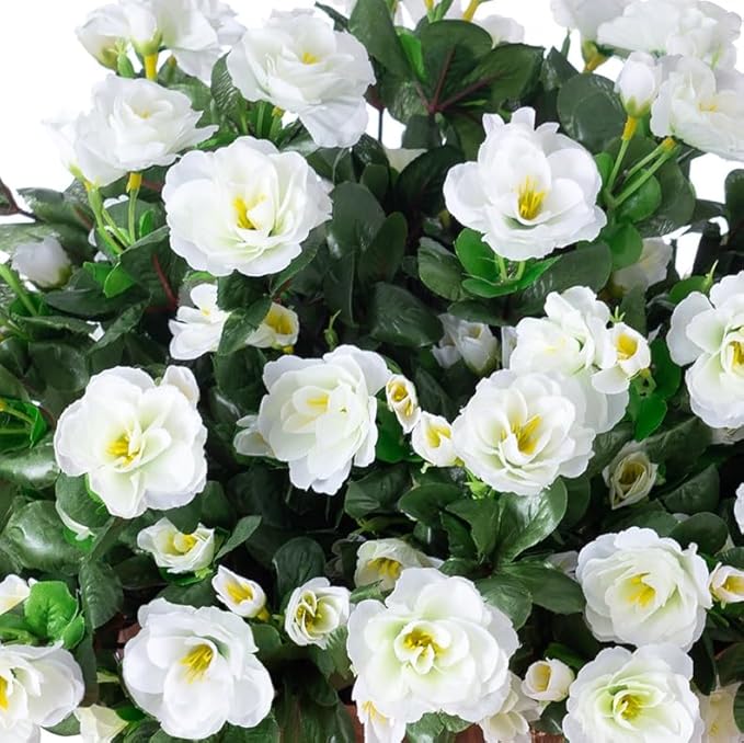 Ivydale Artificial Fake Flowers Plants for Outdoor Outside Fall Decor, Faux Silk White Camellia UV Resistant Realistic for Front Door Porch Patio Balcony Garden Yard Decoration, 3 Large Bundles