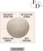 FRELISH DECOR Round Pouf Ottoman Hand Knitted 100% Cotton Pouf Foot Stool - Knitted Bean Bag - Floor Chair for Living Room Bedroom - Foot Rest for Couch (20 Diameter x 14 Height) - Natural