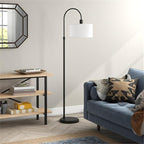 Veronica Arc Floor Lamp with Fabric Shade in Blackened Bronze/White