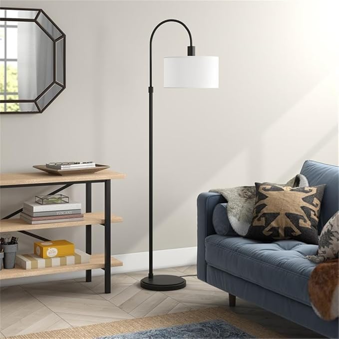 Veronica Arc Floor Lamp with Fabric Shade in Blackened Bronze/White