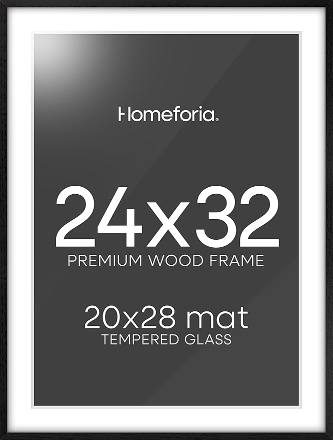 Homeforia Black Wood Frame 24x32, High End Oak 24x32 Large Wooden Poster Frames with Mat 20x28 inch Photo, 24 x 32 Picture Frame Matted to 20 x 28, 32x24 Thin Frame, Tempered Glass, Wall Kit, Set of 1