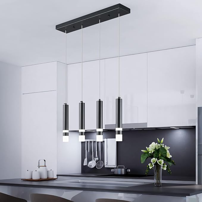 4-Light Dining Room Modern Pendant Light Kitchen Fixture Dimmable LED Black Mini Pendant Lighting fo Kitchen Island Study Pendant Lights