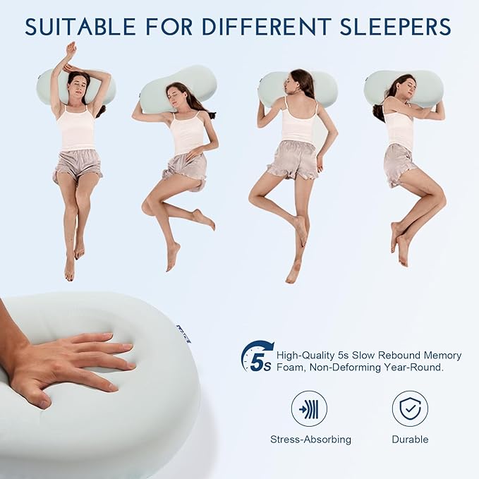 Cooling Memory Foam Cervical Pillow, Orthopedic Neck Support Pillow for Back Pain Relief, Ergonomic Design for Side/Back/Stomach Sleepers, Easy Cleaning Set (Pillowcases × 2)