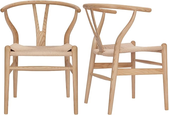 Tomile Solid Wood Wishbone Chair Y Chair Mid-Century Armrest Dining Chair, Hemp Seat (Ash Wood - Natural Wood Color)