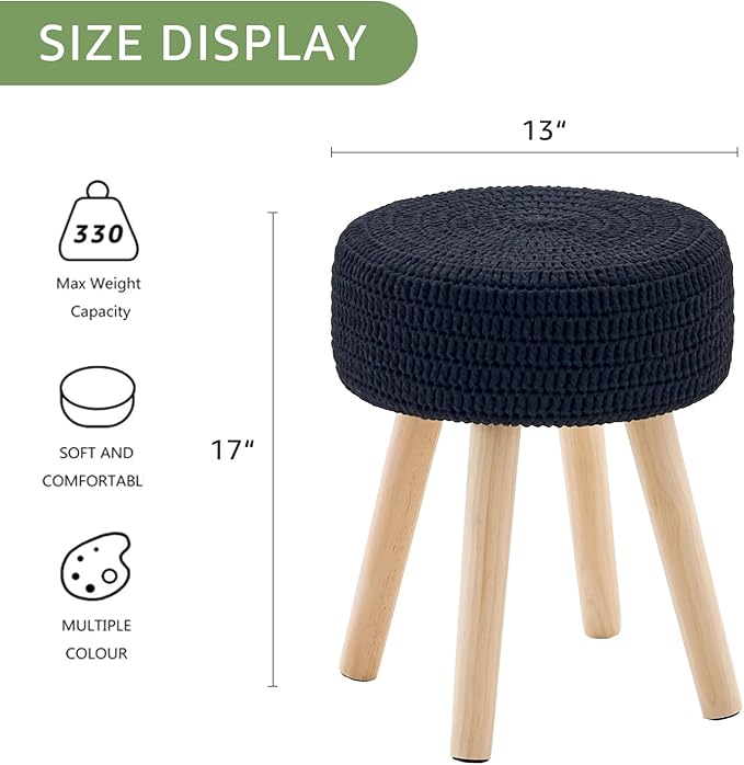 Wimarsbon Pouf Ottoman, 100% Cotton Knitted Boho Footstool, Round Footrest with Non-Skid Wood Legs, Home Décor Handmade Pouffe, Leisure Floor Step Stool for Living Room (Long Leg - Black)