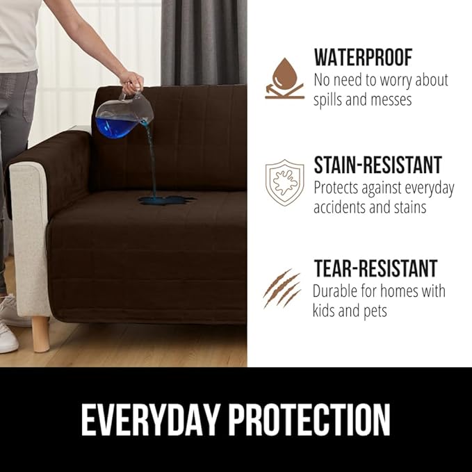 GORILLA GRIP Patented Waterproof Slip-Resistant 23" Chair Protector Cover, for Leather or Fabric Couch Cushion, Large Microsuede Furniture Covers Dogs Pets Machine Washable Slipcover, Brown