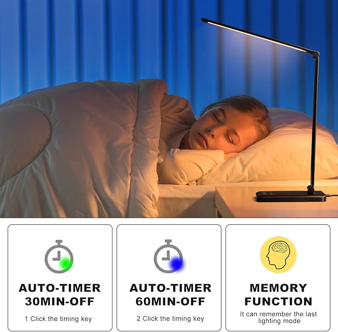 Led Desk Lamp, Desk Lamp with USB Charging Port, 5 Color Modes, 10 Brightness, Natural Light, Eye Caring Reading Lamp, Desk Light for Home Office, Table Lamp, Touch Control, Auto-Timer, Black