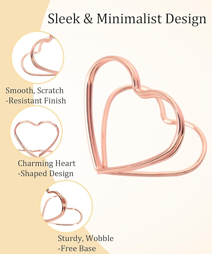 36 Pcs Heart Table Number Holders - Rust-Resistant Metal Place Card Stands for Weddings, Office & Home Decor (Rose Gold)