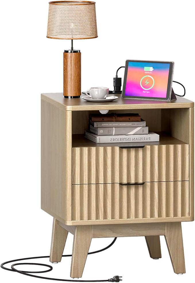 Nightstands with Charging Station, Modern Fluted 2 Drawers End Tables, Side Tables with Storage Shelf for Bedroom, Office, Natural Oak
