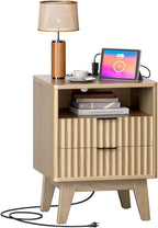 Nightstands with Charging Station, Modern Fluted 2 Drawers End Tables, Side Tables with Storage Shelf for Bedroom, Office, Natural Oak