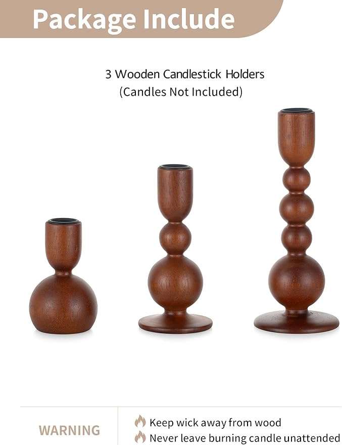 NUPTIO Candlestick Holders for Home Decor: Set of 3 Wood Taper Candle Holders for Thanksgiving Table Centerpieces - Mid Century Modern Caramel