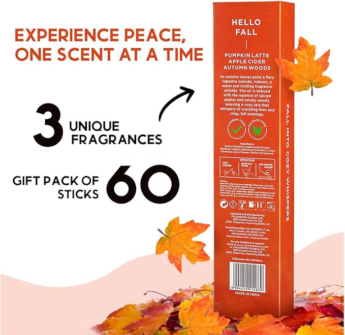 Folkulture Incense Stick Gift with Holder | Set of 3 Fall Incense Sticks with 45 Min Burn Time | Pumpkin Spice Inscents-Sticks | Organic & Non Toxic Fall Scents | Insense-Stick for Fall Essentials