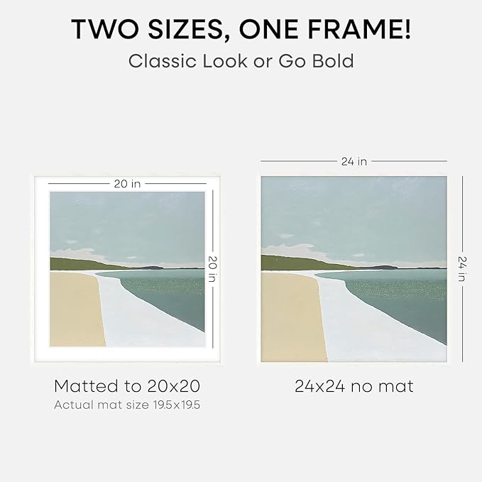 Homeforia 24x24 White Picture Frame, High End Oak 24 x 24 Square Wood Frames with Mat 20 by 20 inches Photo, 24by24 White Wooden Poster Frames Matted to 20x20 Print, Tempered Glass, Wall Kit, Set of 1