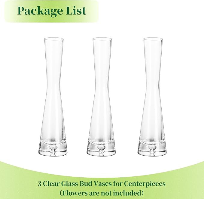 Hewory Glass Bud Vases for Centerpieces Set of 3, Handmade Modern Clear Small Skinny Decorative Single Flower Vase, Minimalist Slim Floral Vase for Home Wedding Party Events Table Decor, 7.87"