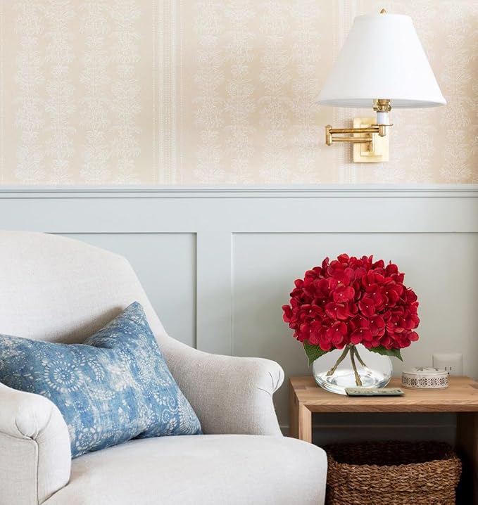 Hollyone Hydrangea Artificial Flowers in Vase Red Silk Fall Fake Flowers Arrangements with Glass Vase with Faux Water Faux Floral Bulk Bouquet for Office Table Centerpiece Shelf Home Decorations