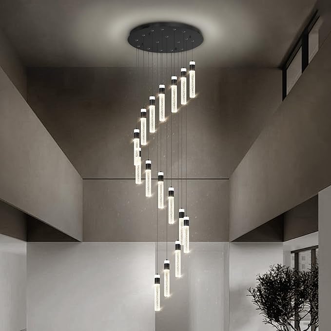 16-Light Black Crystal Chandelier for Foyer Entrance Loft 118" Long Spiral Stair Bubble Crystal Chandelier for High Ceiling Lighting Fixtures LED Lampara, Dimmable 3000K-6000K