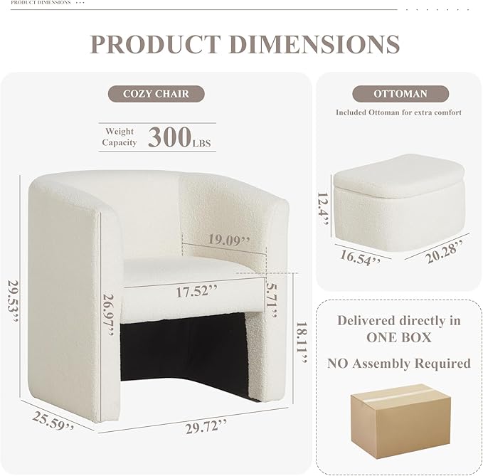 Mid-Century Velvet Living Room Chair with Storage Ottoman, Space-Saving Accent Chairs for Bedroom/Reading Spaces/Office, Cream