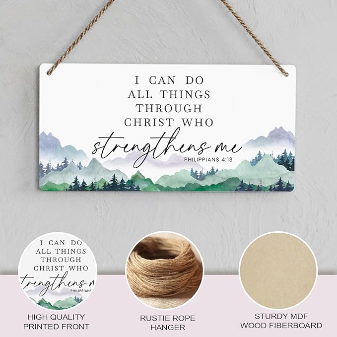 SENJIAN Christian Decor Bible Verse Wall Decor, I Can Do All Things Through Christ, Modern Farmhouse Sign Scripture Printed Wood Sign Wall Art Religious Decoration for Home Office Bathroom Bedroom