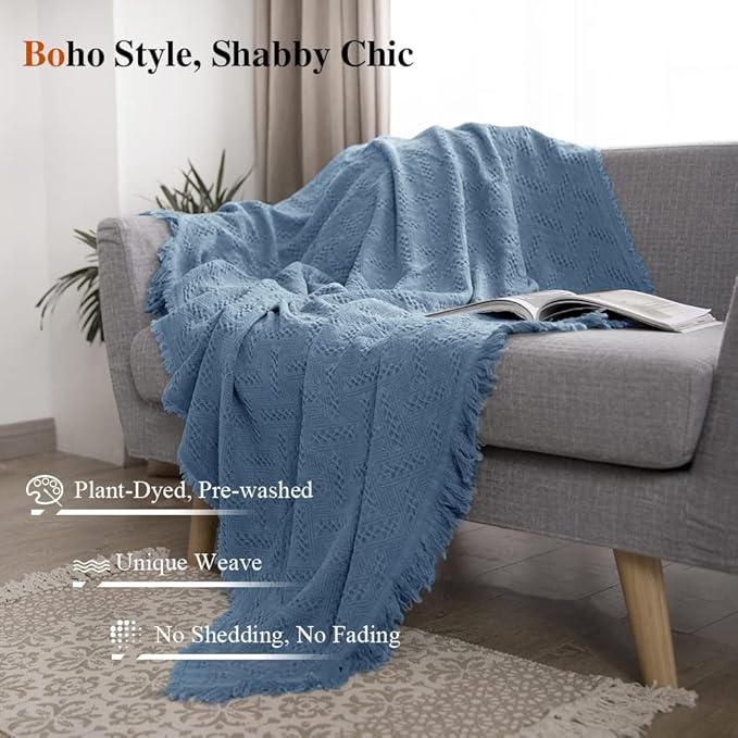 Simple&Opulence 100% Cotton Throw Blanket for Bed, Couch, Boho Luxury Geometric Knit Woven Blanket with Tassels Soft Lightweight Cozy Breathable, Vintage Farmhouse Decoration for All-Season(Blue)