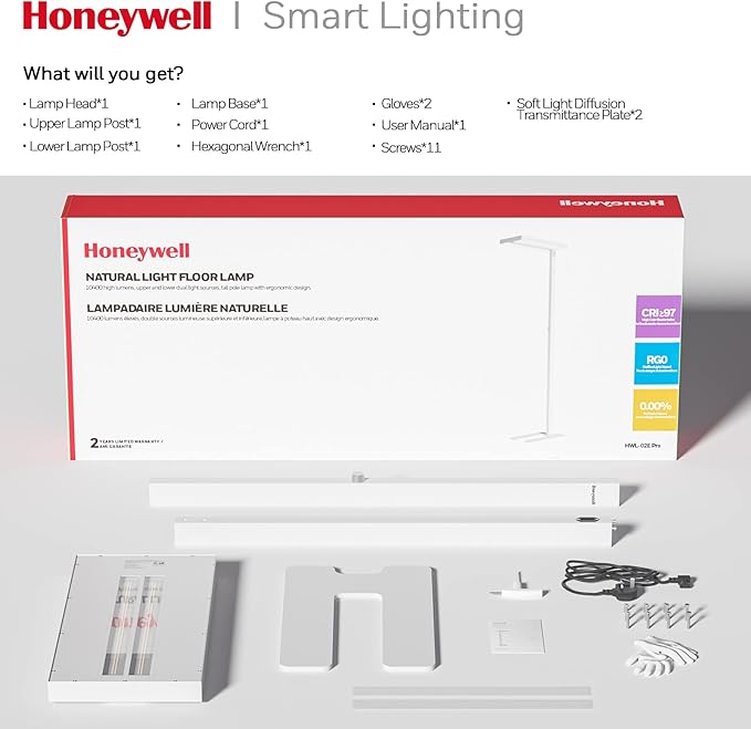 Honeywell LED Floor Lamp Modern - 02E Pro Sunturalux™ Eye Caring Standing Light, 10040LM Dimmable Reading Tall Lampara for Home Office Living Room Bedroom,100W,4000K Natural Daylight