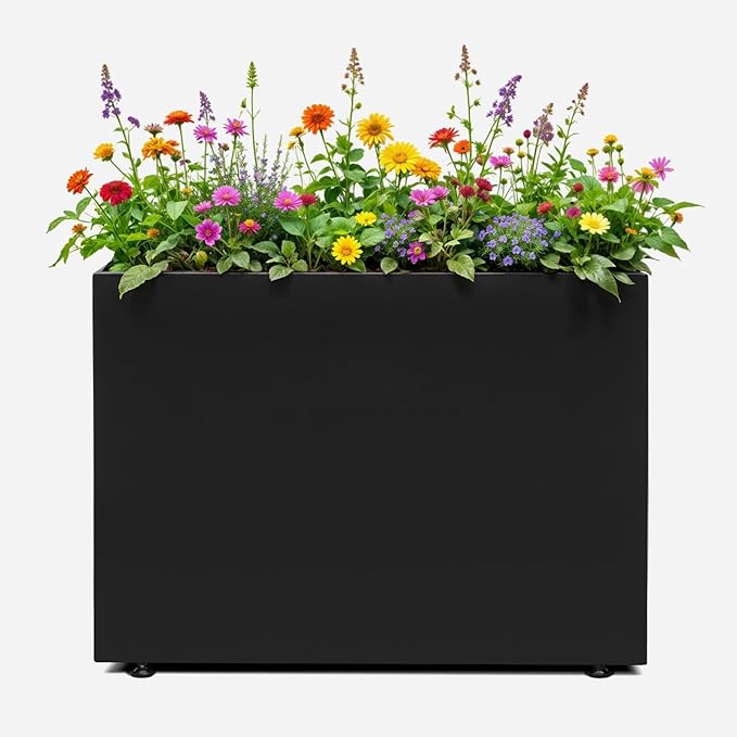 IDZO Metal Planter Box, Privacy Trough for Patio, Rectangle Container for Outdoor Plants, Tall Large Rectangular Steel Bed for Outdoor Greens with Drainage Holes & Adjustable Feet, Black