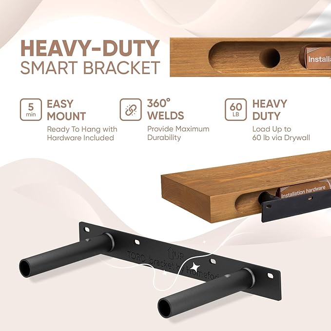 Homeforia 16 inch Golden Oak Floating Shelf, High End Solid Real Wood 16inch Small Floating Shelves for Wall Mounted, Oak Wooden 16in Floating Shelves, Heavy Duty Bracket, 16 X 6.5 X 1.75 in, Set of 3