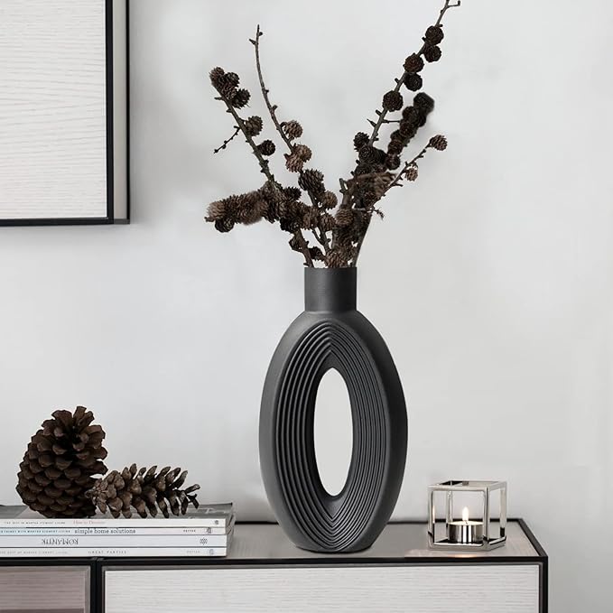 Ceramic Vase - Set of 2 for Home Decor,Black Pampas Vases Minimalist Nordic Boho Style for Modern Farmhouse Decor, Living Room、 Kitchen、Mantle、Bedroom、Dining Table、Office