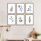 Navy Blue Botanical Art Set of 6, Minimalist Abstract Prints Watercolor Blue White Leaf Plant Wall Decor Canvas Painting, Boho Floral Wall Decor for Bedroom, Living
