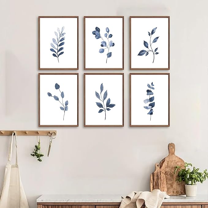 Navy Blue Botanical Art Set of 6, Minimalist Abstract Prints Watercolor Blue White Leaf Plant Wall Decor Canvas Painting, Boho Floral Wall Decor for Bedroom, Living