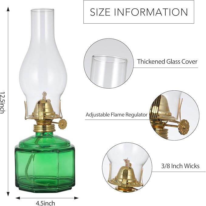 2 Pack Rustic Oil Lamp Large Vintage Glass Kerosene Lamp Chamber Oil Lamps for Indoor Use Home Decor Classic Old Hurricane Oil Lamp for Emergency Lighting 12.5''