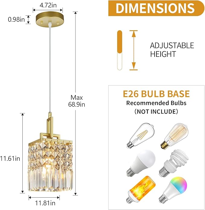 Modern Crystal Pendant Light Kitchen Island Farmhouse Lamp Adjustable Height Hanging Lighting Square Gold Chandelier Suitable for Kitchen Island Dining Room and Bedroom(1Pack)