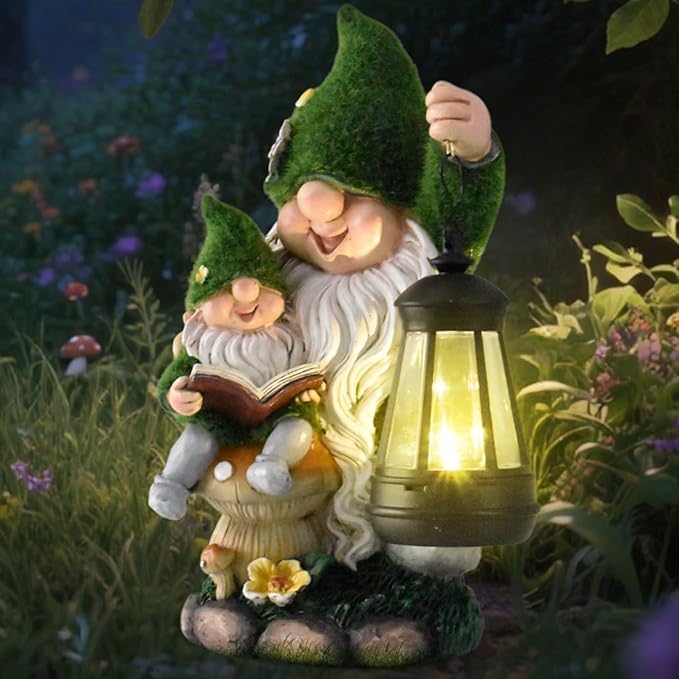 Solar Garden Gnome Statue Flocked Reading Parent & Child Gnomes with LED Light, Outdoor Waterproof Lawn Ornament Decor for Patio Lawn Yard Pathway Gift Idea for Women Mom Mothers Day