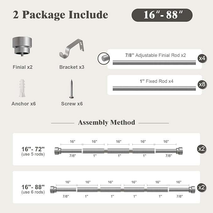 Oneach 2-Pack Curtain Rods for Windows 48 to 84 Inch, 1 Inch Pole Adjustable Length Heavy Duty Metal Curtain Rod Set, for Outdoor Bedroom Kitchen Living Room (Silver, 16 to 88 Inch)