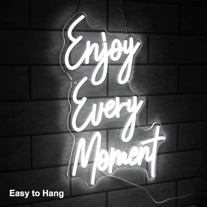 Enjoy Every Moment Neon Signs for Wall White Letter Neon Lights LED Letter Sign Dimmable Words Light Up Signs for Bedroom Bar Restaurant Salon Party Decor