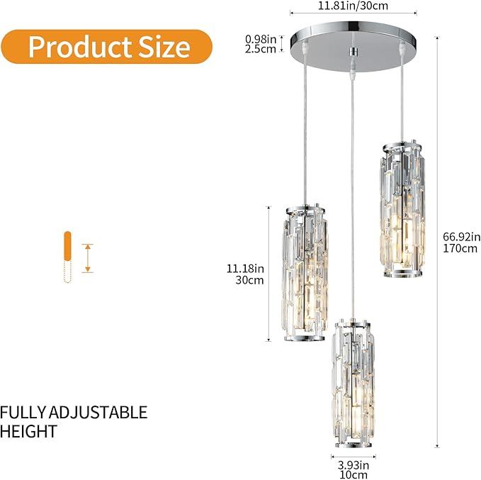 LMQNINE 3 Light Chrome Pendant Lighting Modern Pendant Light, Mini Crystal Chandeliers,Adjustable Pendant Light Fixture for Kitchen Island Dinning Room Bedroom (Chrome 3-Light)
