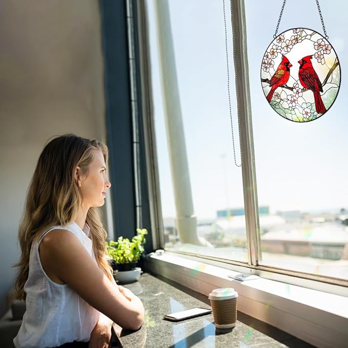 Cardinal Suncatcher Stained Glass Window Hanging - 8” Stained Glass Suncatchers for Windows - Sun Catchers Indoor Window Catcher with Hooks and Chain - Birthday Gifts for Mom Grandma