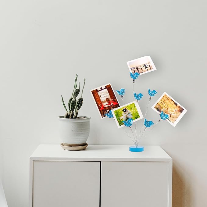 8-Branch Family Tree Picture Frame Holder, Card Photo Clips Holder Desk Stand for Memo Paper Note Photo Christmas Wedding Card Display (Blue Bird)