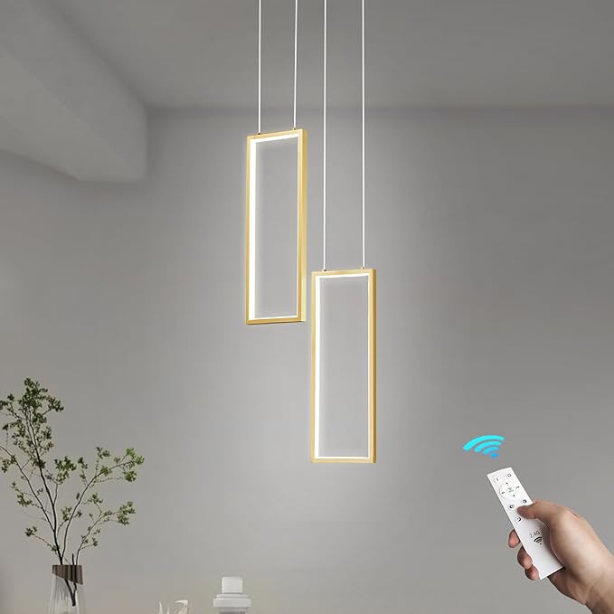 Modern Kitchen Pendant Light Fixture Gold 18W LED Pendant Light 2 Rings Rectangle Chandelier Pendant Lighting for Kitchen Island Living Room Dining Room Bedroom