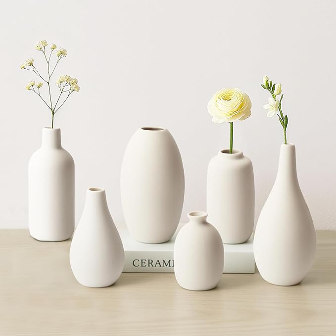 BEAHOT Ceramic Vases Set of 6, White Contemporary Decorative Flower Vases, Modern Design for Living Room