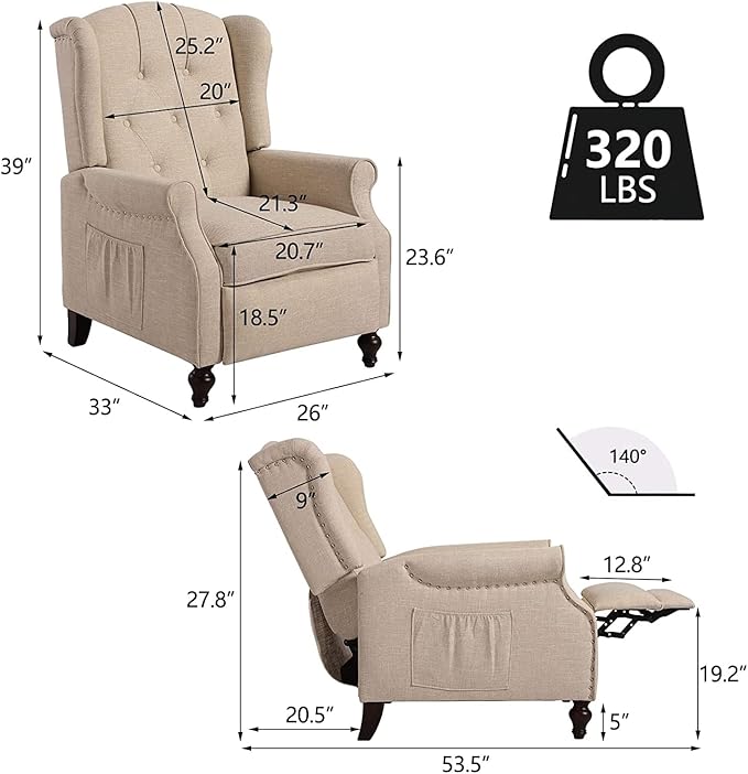 Wingback Recliner Chair with Massage and Heat, Tufted Fabric Push Back Recliner Chair for Living Room, Vintage Wingback Chair with Remote Control, Padded Cushion, Backrest, Wooden Legs