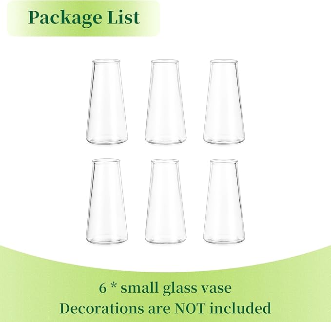 Hewory Glass Bud Vases for Centerpieces: Small Clear Modern Flower Vase Set of 6, Minimalist Cute Mini Decorative Bulk Vases for Wedding Birthday Bridal Shower Party Events Dining Room Table Decor