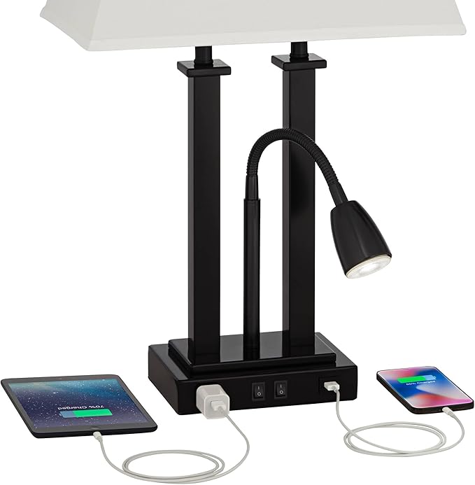 Possini Euro Design Deacon Modern Gooseneck Desk Lamp with USB Charging Port and Outlet 26" High LED Black Metal Oatmeal Linen Fabric Shade for Living Room Bedroom House Bedside Nightstand Office