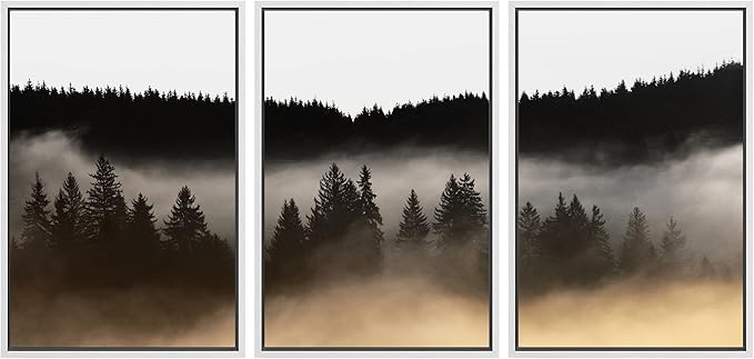 SIGNWIN Framed Canvas Print Wall Art Woodland Nursery Decor Set Misty Dark Mountain Forest Silhouette Nature Wilderness Modern Art Rustic Landscape for Living Room, Bedroom, Office - 24"x36"x3 White