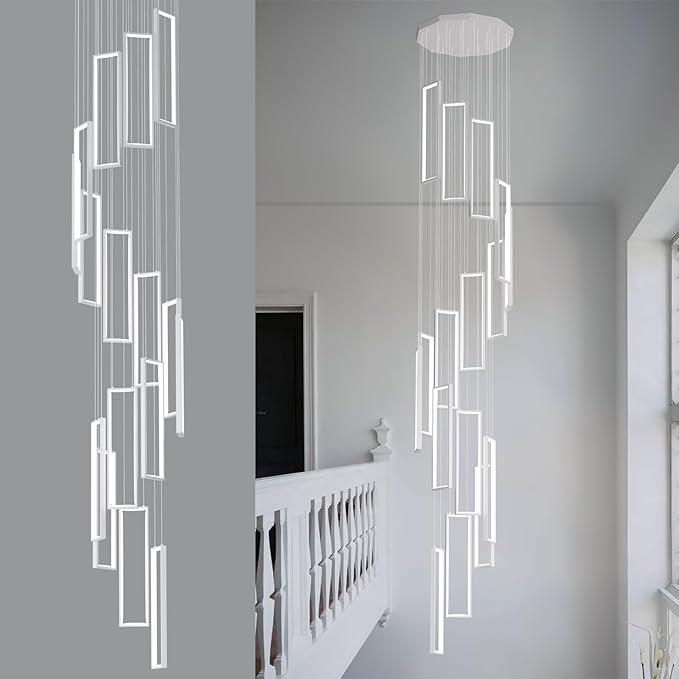 Modern Adjustable Height Pendant Light Fixture White 288W LED Pendant Lights 16 Rings Rectangular Chandelier Staircase Large Chandelier Lobby Living Room Foyer High Ceiling Chandeliers