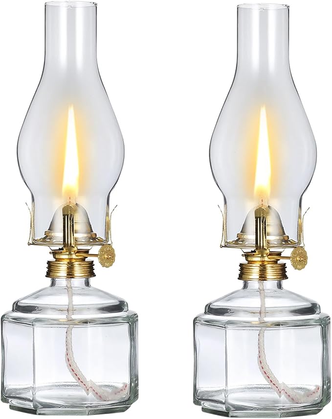 Set of 2 Vintage Large Kerosene Lamp Classic Rustic Oil Lamps for Indoor Use Home Decor Clear Glass Kerosene Hurricane Lantern for Tabletop Decor Emergency Lighting Oil Lantern 11.4 Inch
