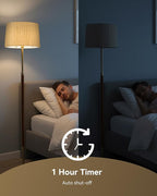 JOOFO Mid-Century Modern Wood Floor Lamp with Dual Fabric Shade, Remote Control, Dimmable & Adjustable Color Temperature, Reading & Living Room Lamp, Easy Clean Cover, Foot Switch