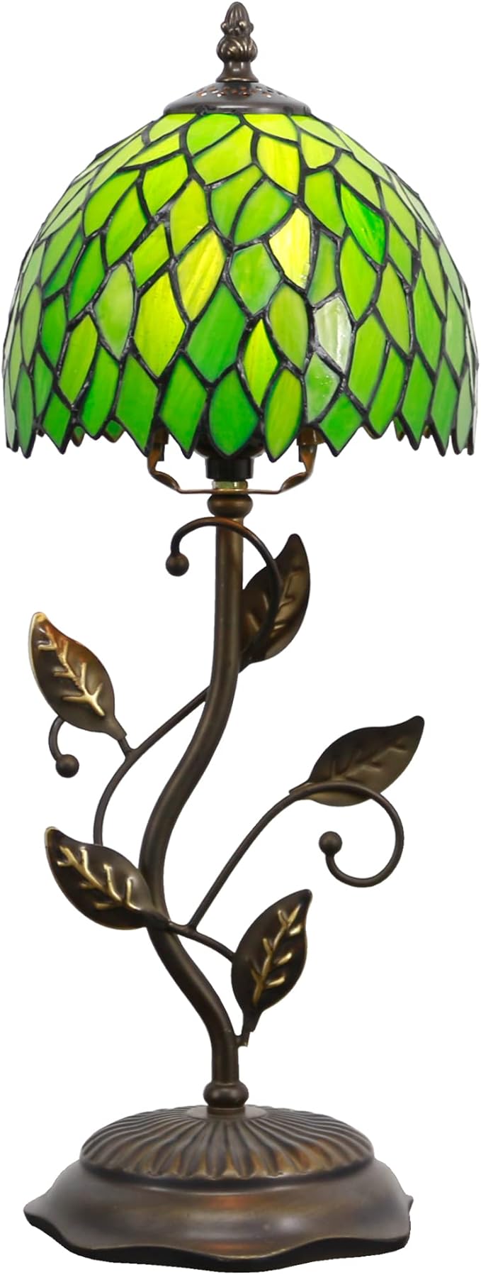 Small Tiffany Lamp Stained Glass Table Lamp Metal Leaf Accent Desk Memory Lamp Sympathy 8X20 Inch (Green Wisteria Leaves Style)