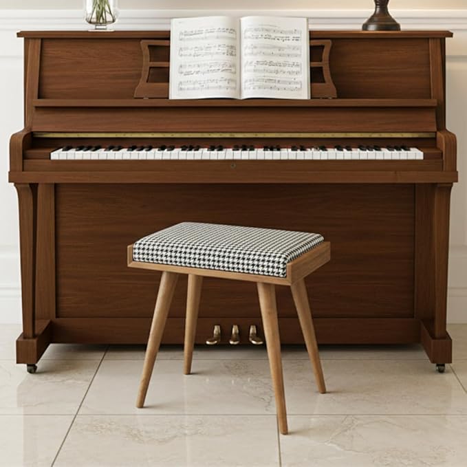 Walnut Ottoman Stool for Living Room | Upholstered in Crowbar Pattern Fabric | Versatile as a Piano Bench | Ideal Bedroom Bench | Functional Footstool Bench